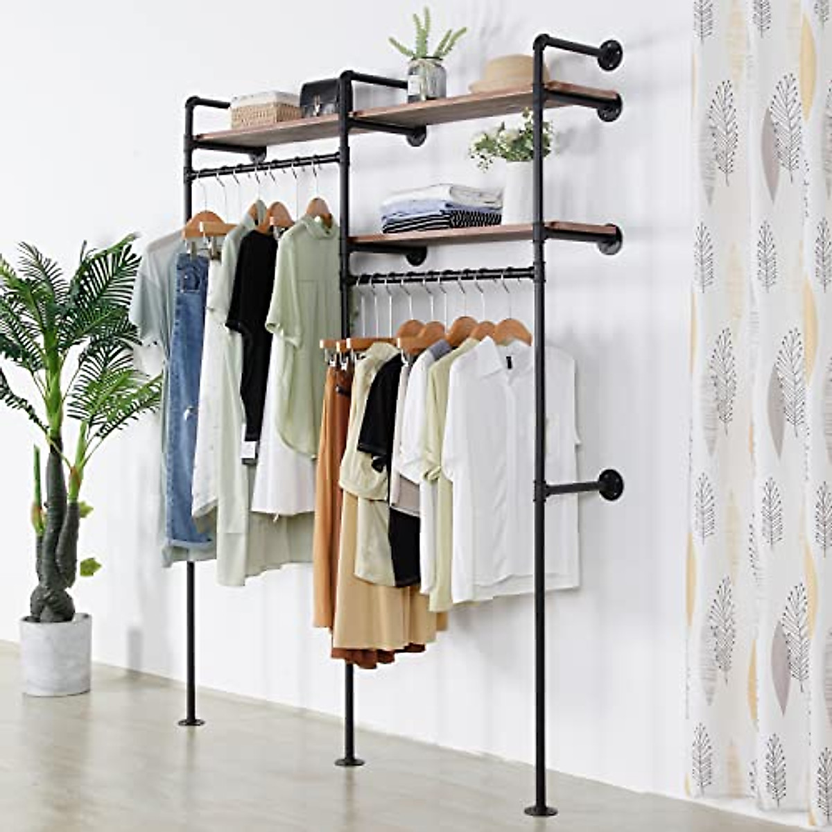 Industrial Wall-Mounted Clothing Rack with Storage Shelf