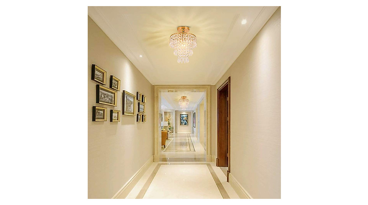 FRIXCHUR Mini Crystal Chandelier Modern Flush Mount Light Gold