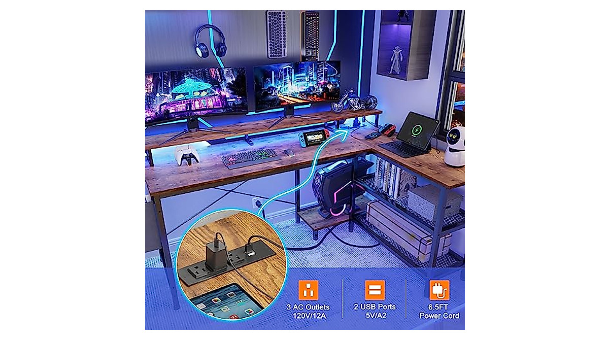 Furologee L Shaped Computer Desk with LED & Power Outlet