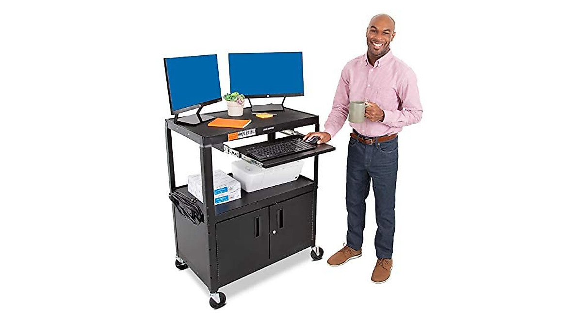 Line Leader Extra Wide AV Cart with Locking Cabinet, Rolling Computer ...
