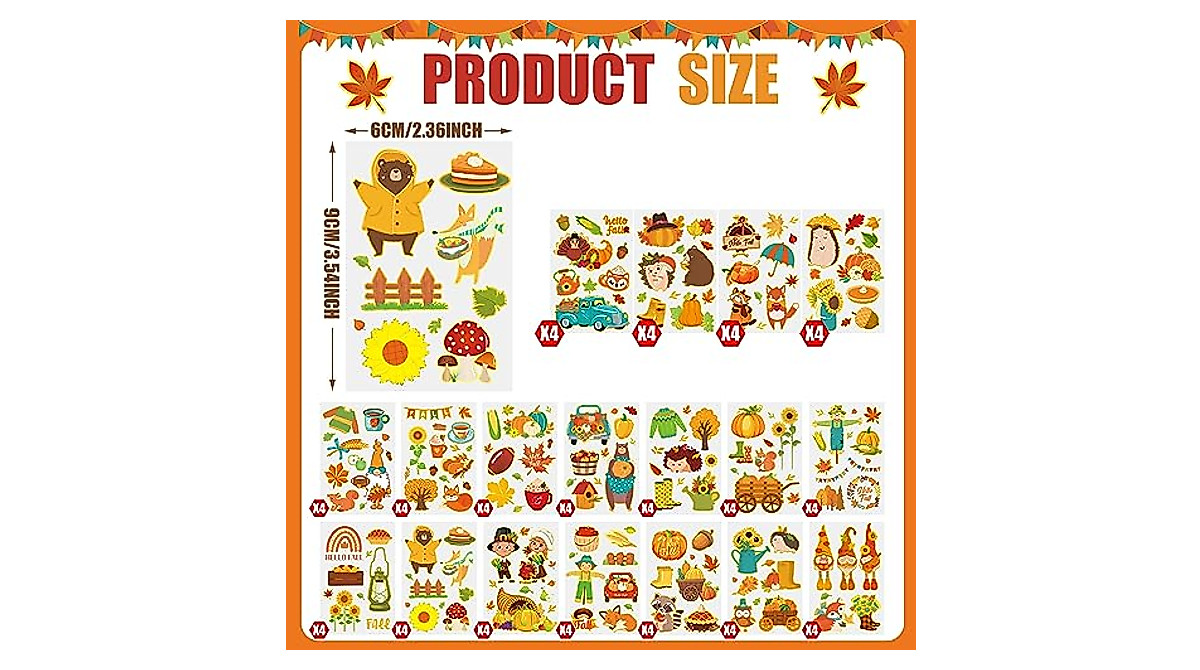 Fall Temporary Tattoos for Kids - 72 Sheets Autumn Party Stickers