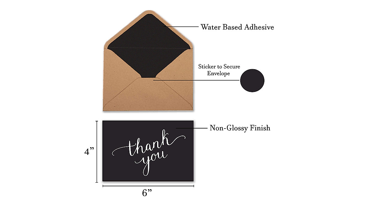 100 Black Thank You Cards with Envelopes & Stickers | Bulk Notes
