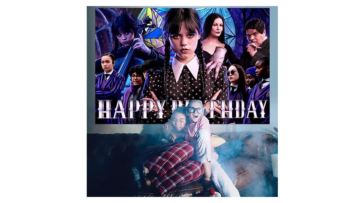 Wednesday Happy Birthday Backdrop 5x3FT for Spooky Party Decor