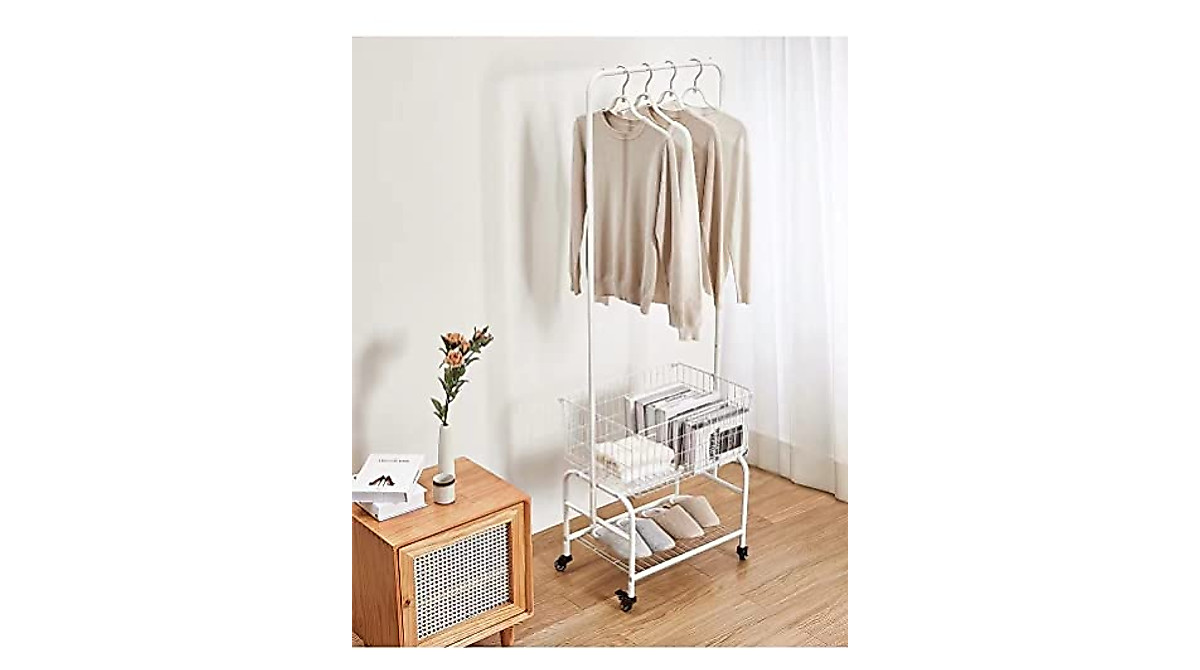 Portable White Garment Rack with Basket and Shoes Storage