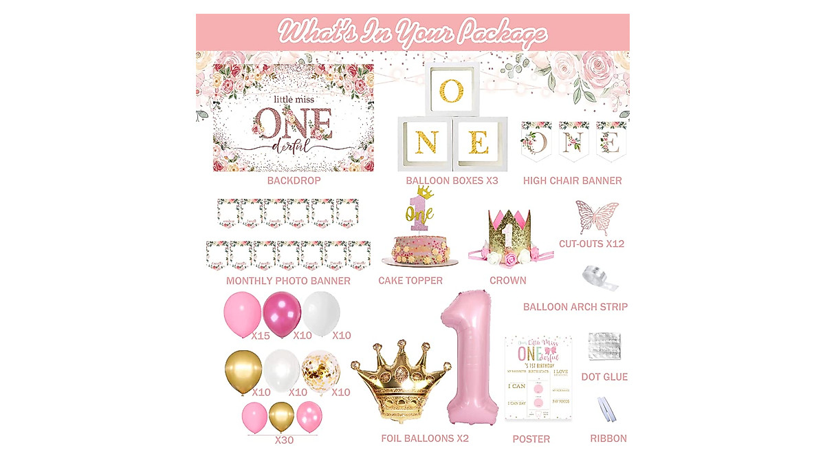 125 PCS First Birthday Decorations for Girl - Cute Pink Gold Party Supplies