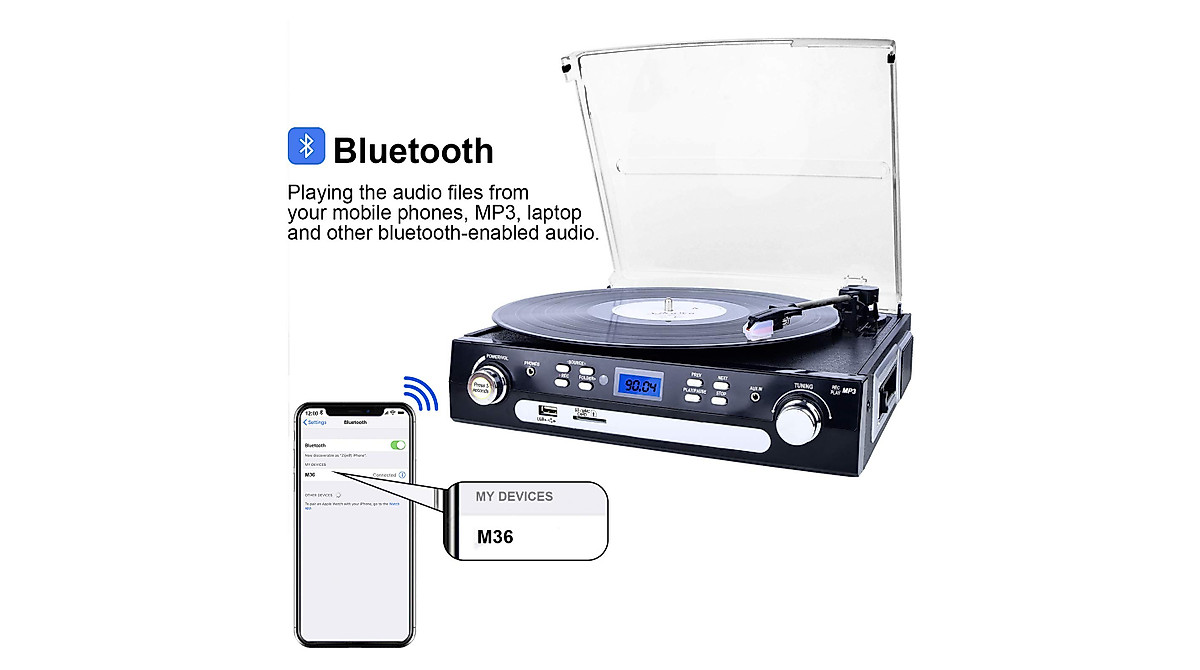 DIGITNOW Bluetooth Record Player with Stereo Speakers and Radio