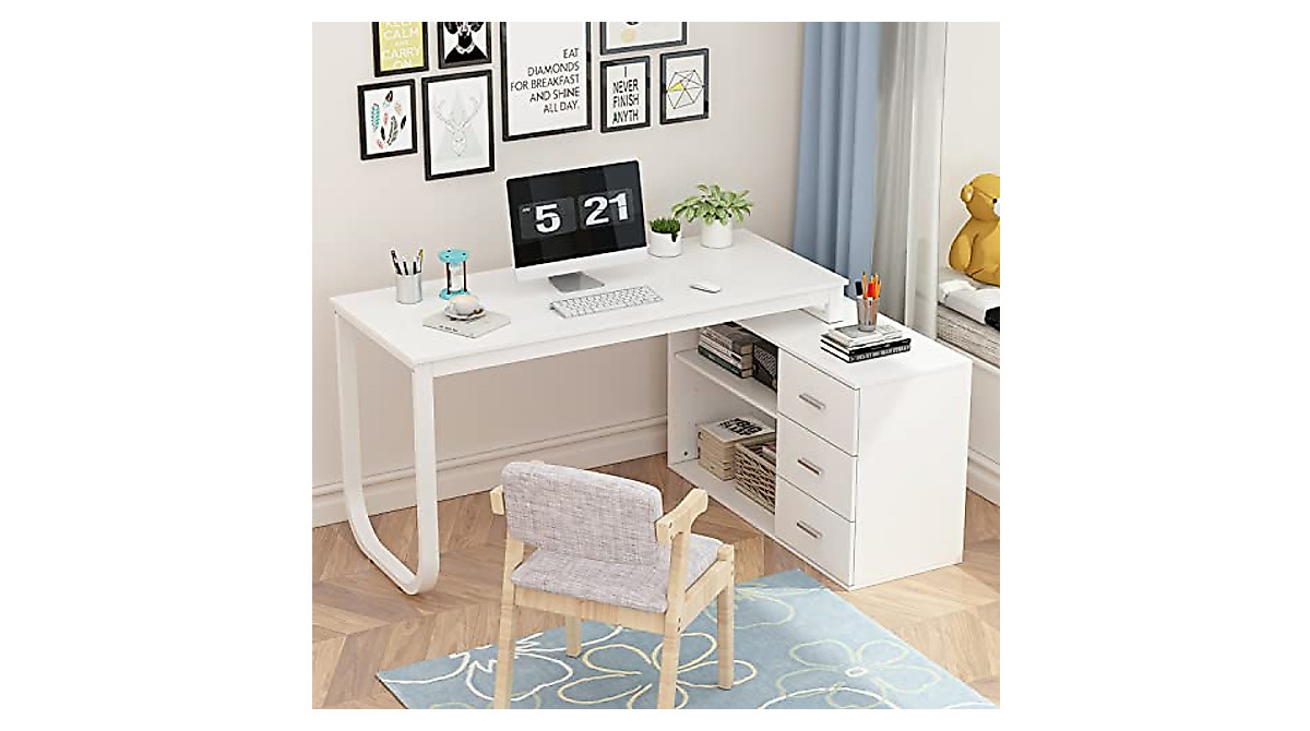 Homsee 55-inch L-Shaped Computer Desk with Storage - White
