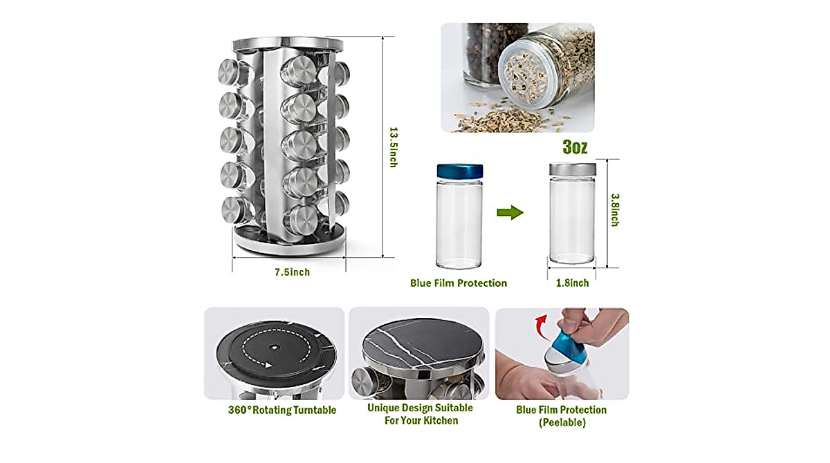 Revolving Spice Rack with 20 Jars & Labels - Kitchen Organizer