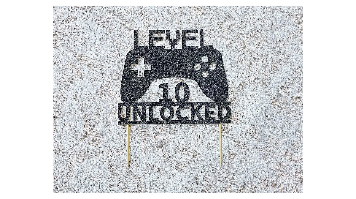 Glitter Level 10 Unlocked Cake Topper - Cheers To 10 Years Old Cake Decorations