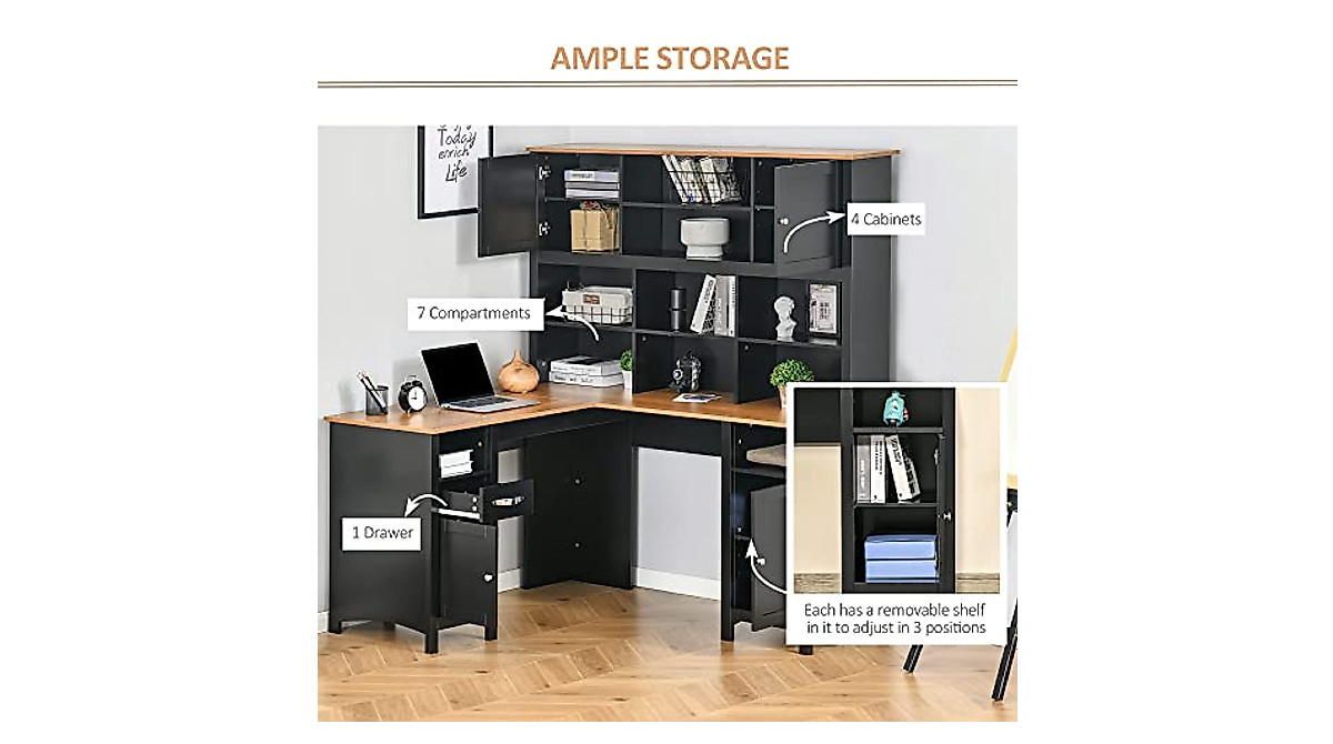 HOMCOM L-Shaped Computer Desk with Storage for Home Office & Gaming