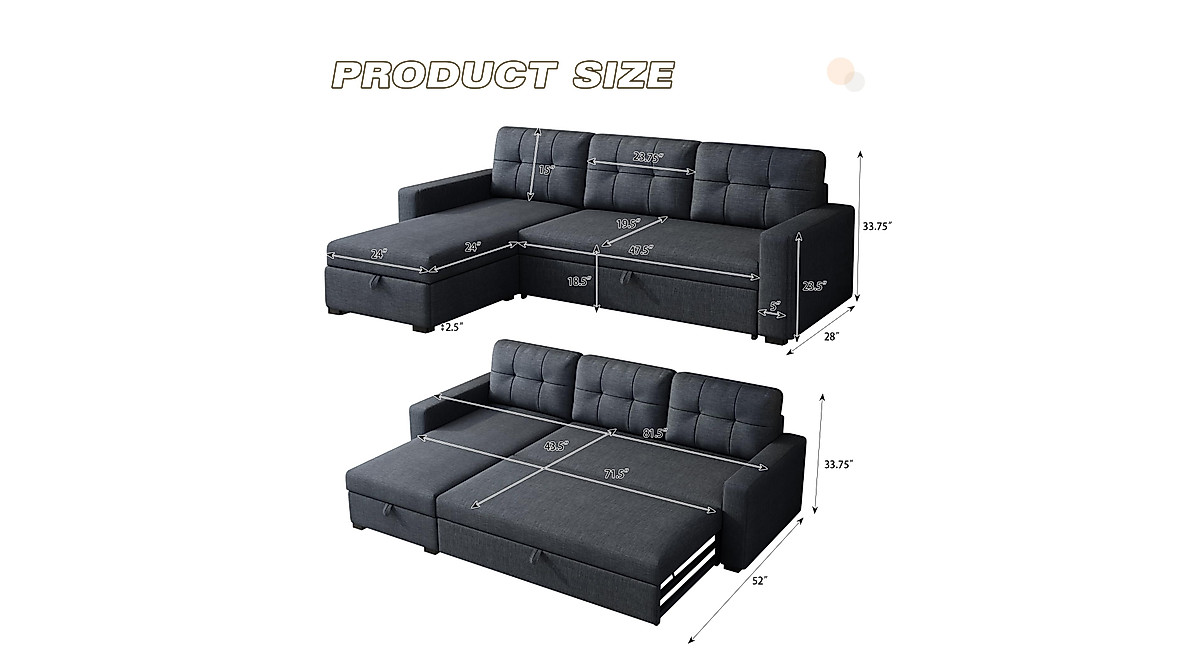 ACQCA L-Shaped Sleeper Sofa with Storage & Bed - Dark Grey