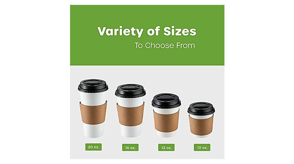 Disposable Coffee Cups with Lids & Sleeves - 50 Set 12 oz.