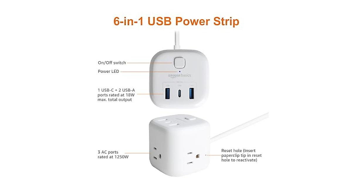 Amazon Basics Power Strip Cube: 3 Outlets, USB-C, Home & Travel