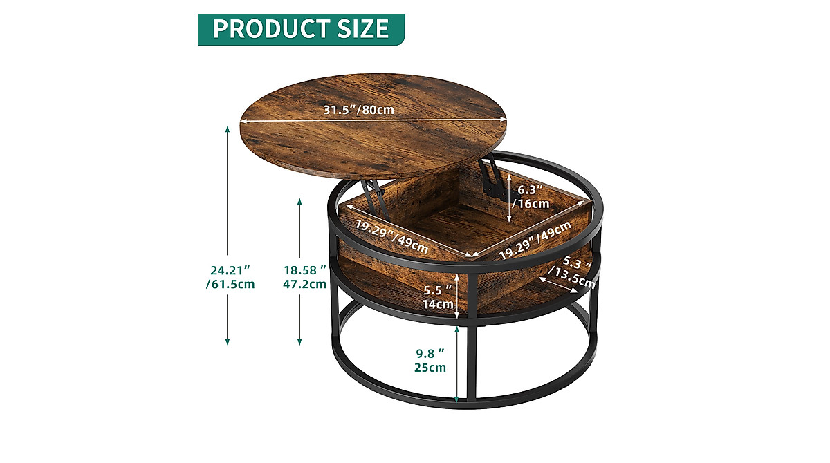 YITAHOME Rustic Round Coffee Table with Lift Top