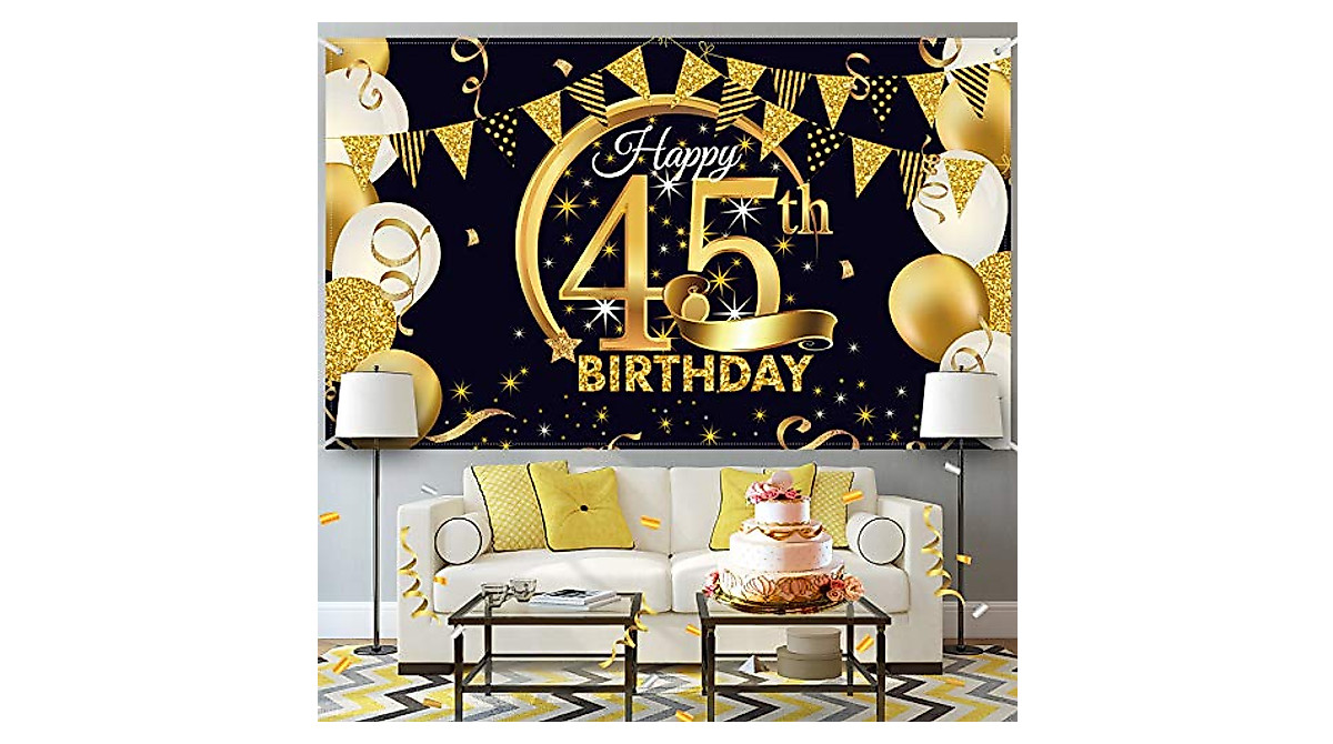 Extra Large Black Gold Party Backdrop Sign - 45th Birthday