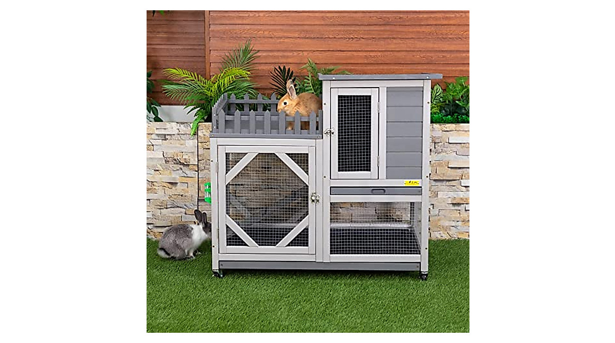 Large Rabbit Hutch with Balcony and Wheels for Indoor Outdoor Use