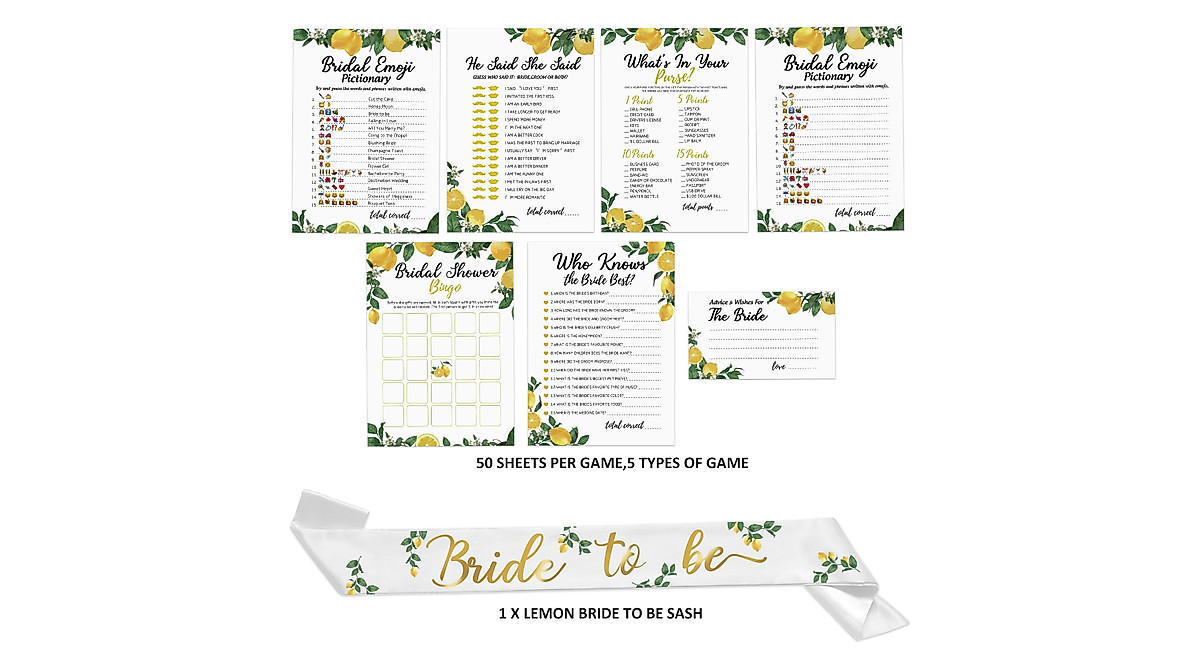 Lemon Bridal Shower Game Set with Sash - Fun Activities for 50 Guests