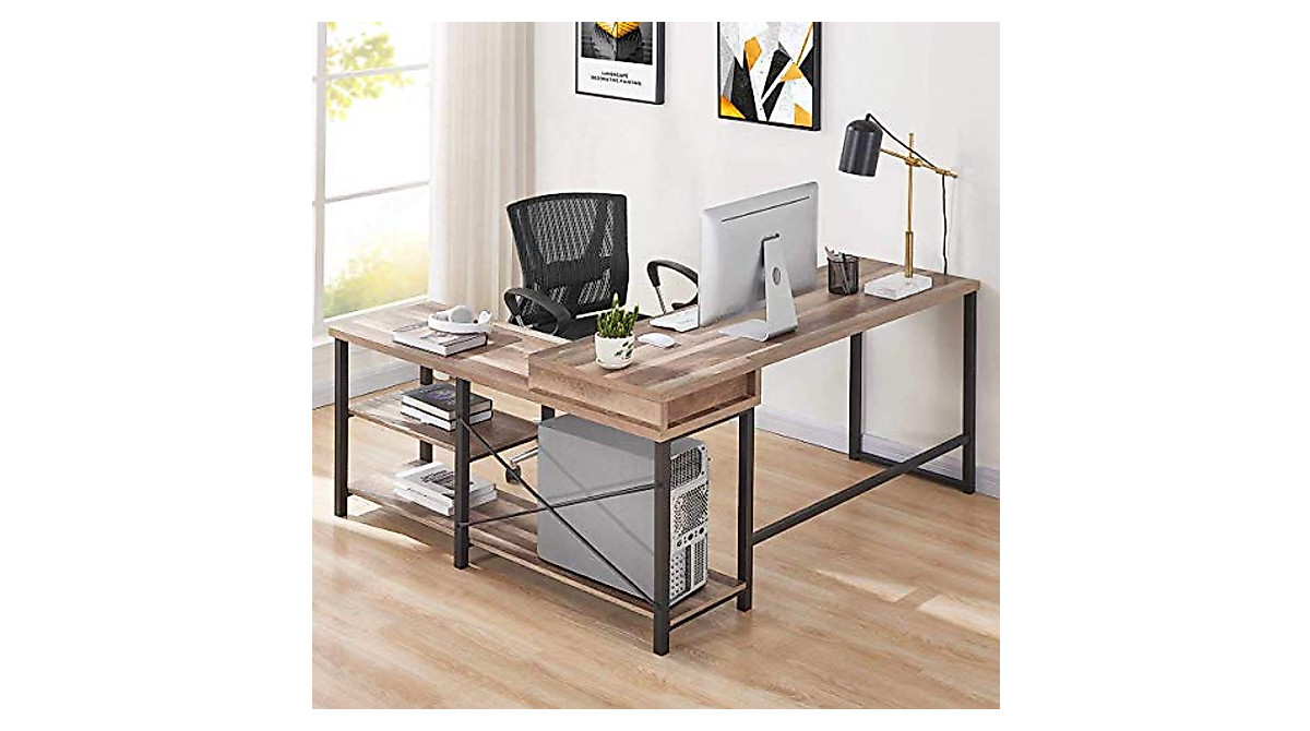 BON AUGURE L Shaped Computer Desk with Storage - Industrial Farmhouse Style