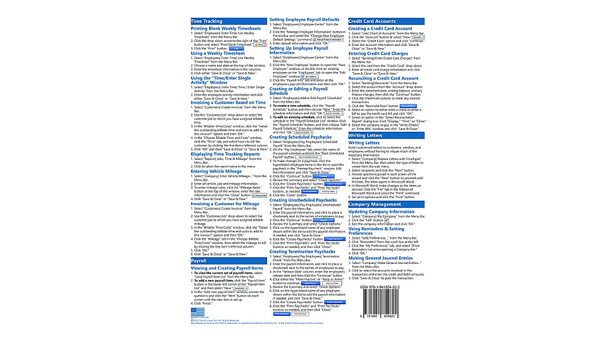 QuickBooks Desktop Pro 2022 Cheat Sheet - Laminated Training Card