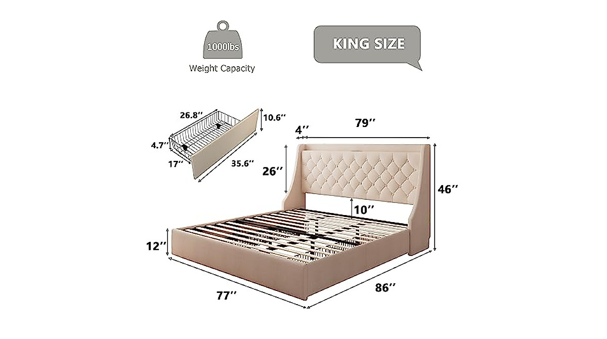 Feonase King Size Upholstered Bed Frame with Storage & Charging