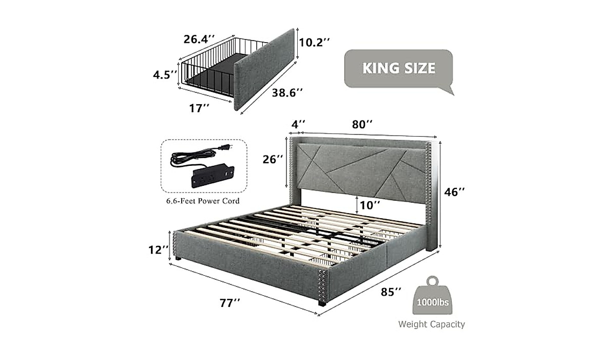 Feonase King Size Bed Frame with Storage & Charging Station