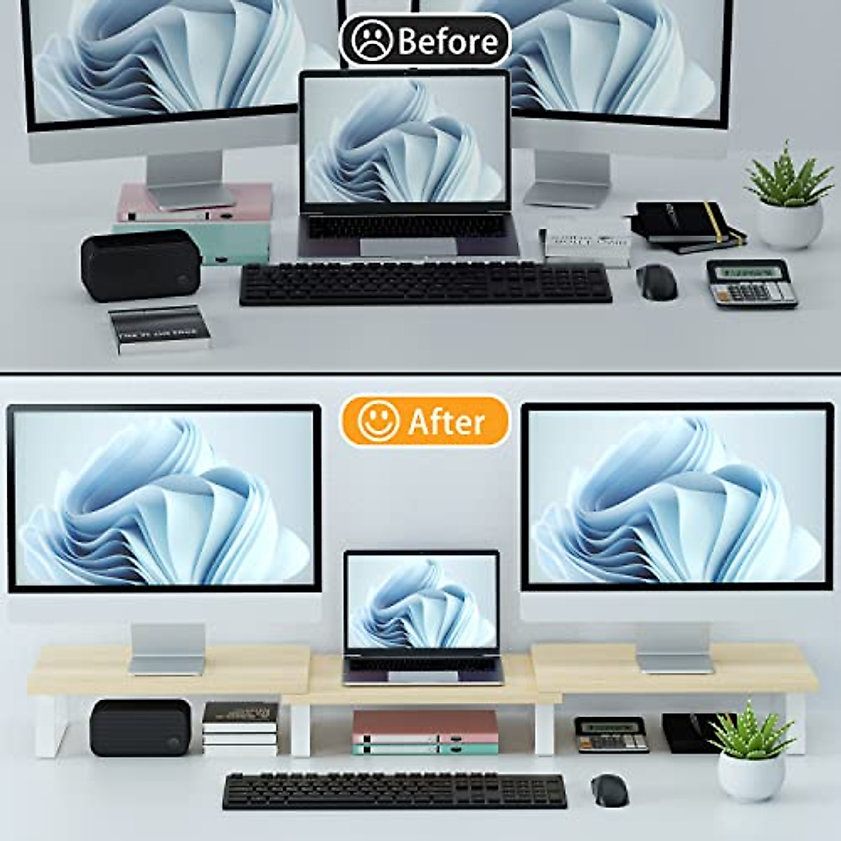 Aothia Desk Dual Monitor Stand Riser - Adjustable & Ergonomic Oak Stand