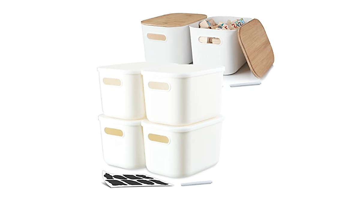 Citylife 6 Pack Plastic Storage Bins with Bamboo Lids - Organize ...