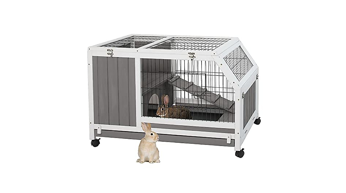 Gowoodhut Outdoor Rabbit Cage with Wheels and Ramp | Spacious & Durable