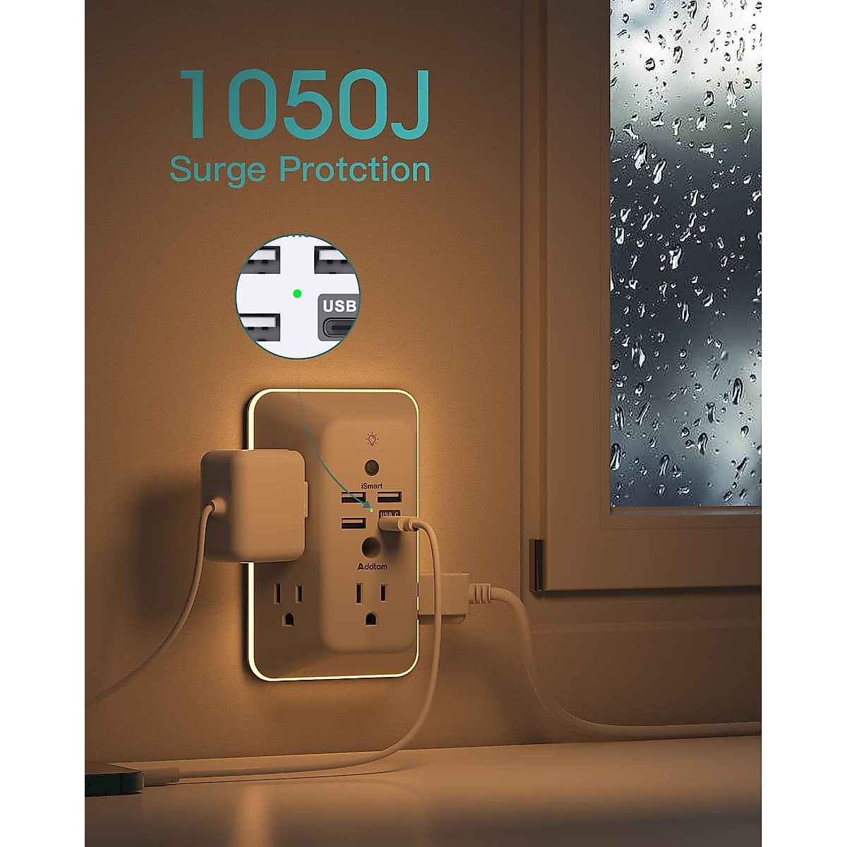 Addtam Surge Protector with USB Ports & Night Light