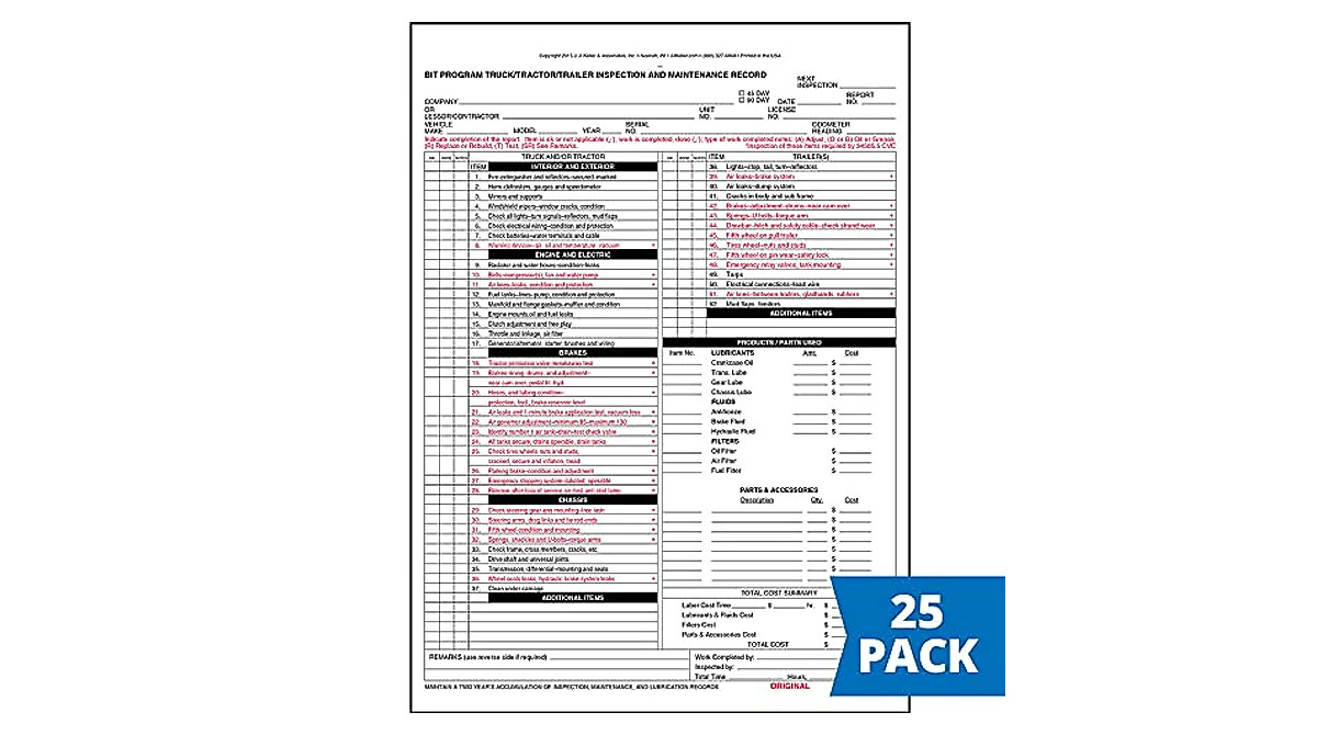 J. J. Keller Truck Inspection Forms for California BIT Program