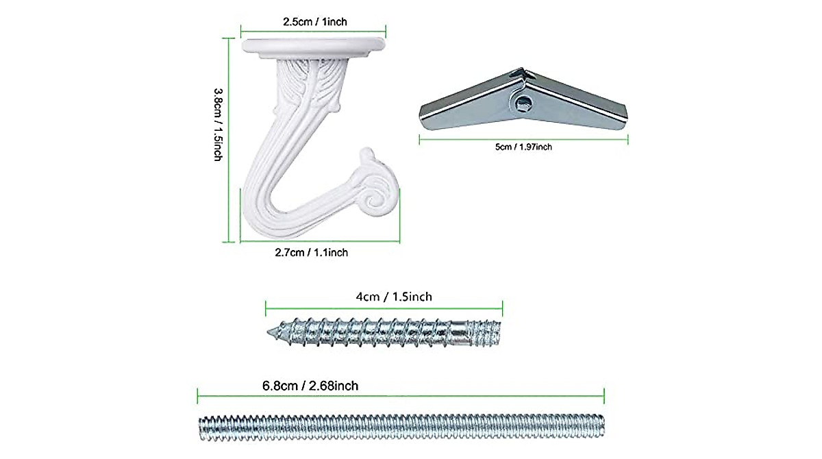 OBSTKUCHEN 2-Set Swag Ceiling Hooks – Heavy Duty 40lb Capacity, White, With Hardware For Solid Wall, Hollow Wall & Wood Mounting