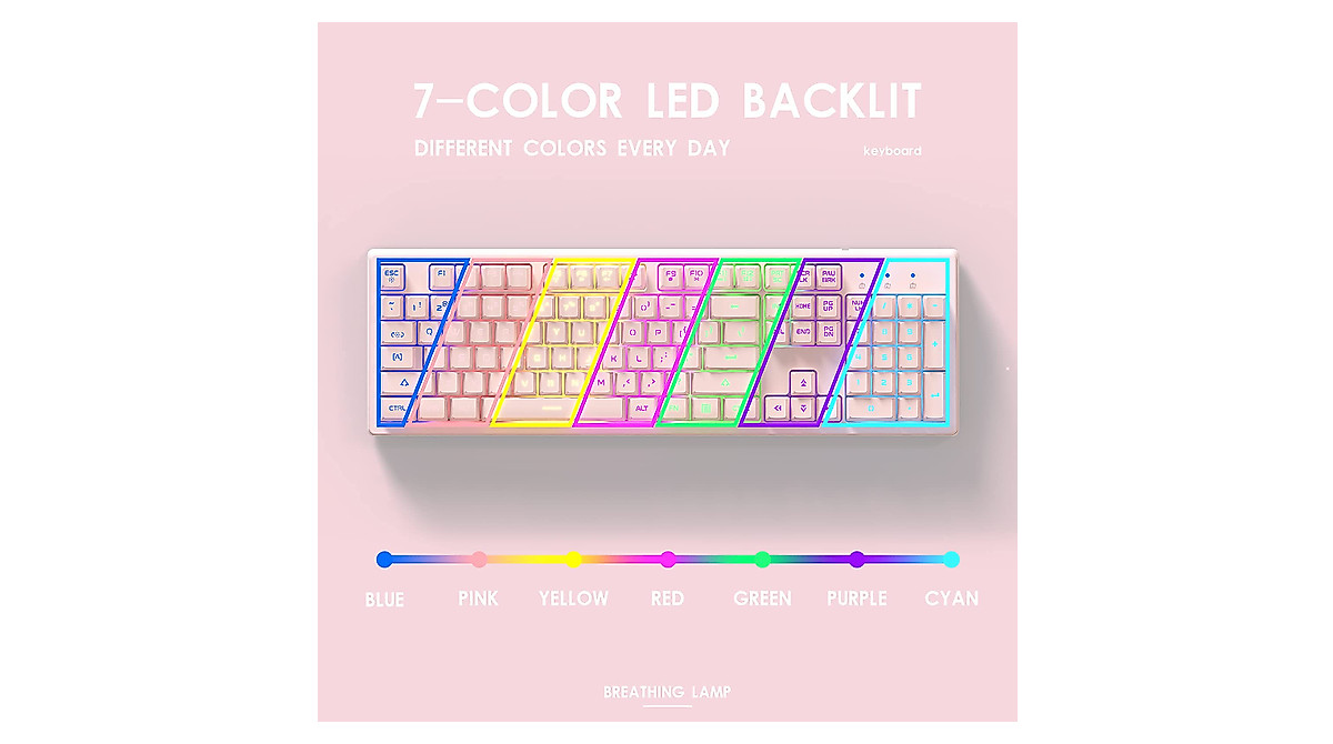 Basaltech Pink Keyboard - Quiet, 7-Color LED, Mechanical Feel