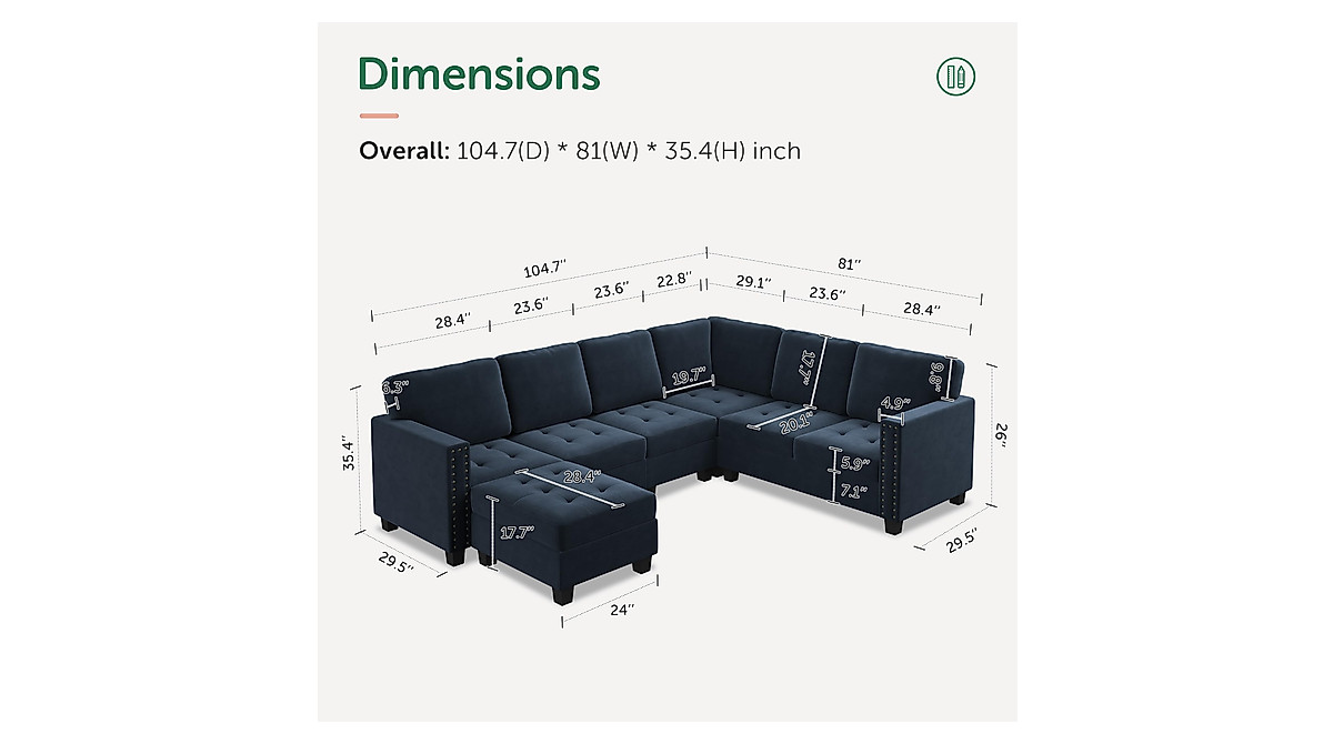 HONBAY Velvet Sectional Sofa with Storage Ottoman - Modern L-Shaped Couch