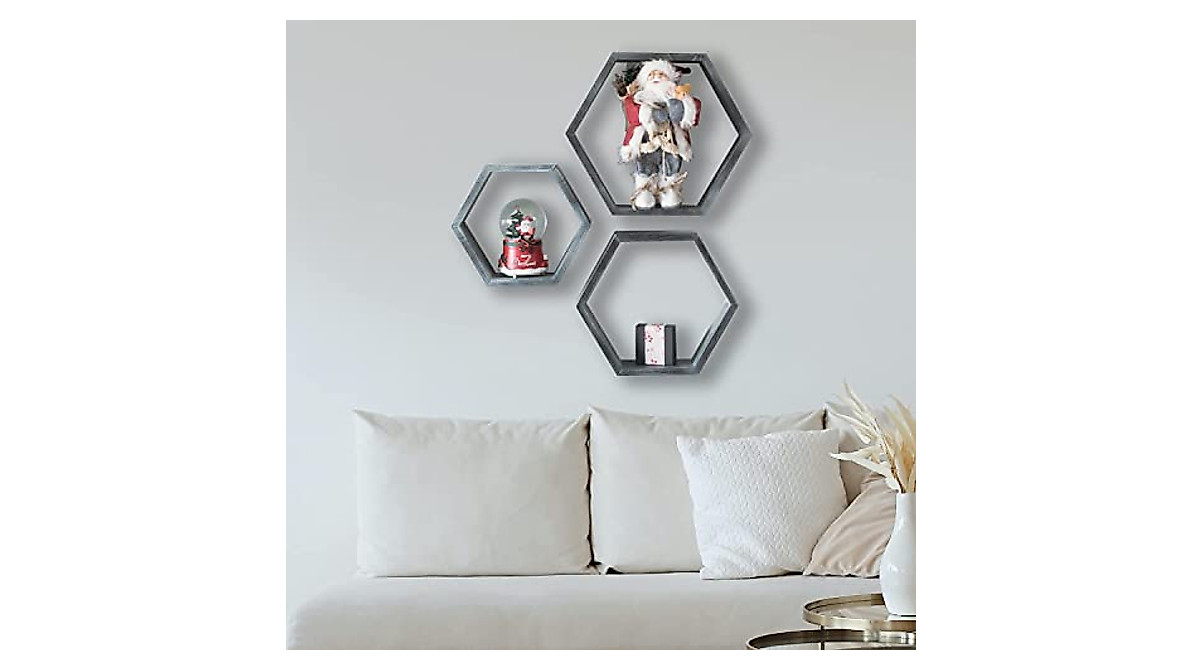 Hexagon Wall Shelves Set of 3 - Stylish Wooden Decor in Forest Grey