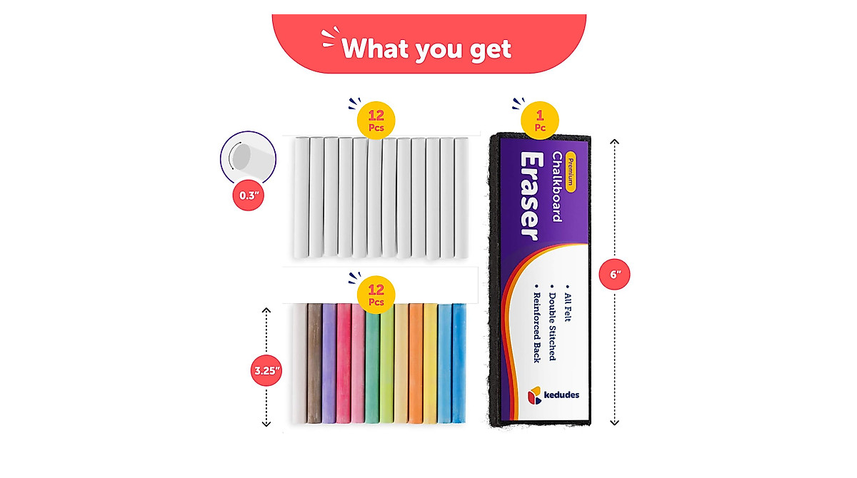 Kedudes Dustless Chalk Set with Eraser - Vibrant & Mess-Free