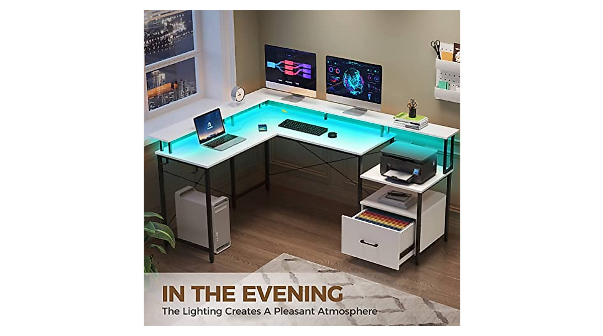 Rolanstar L Shaped Computer Desk with Power & LED RGB Lighting