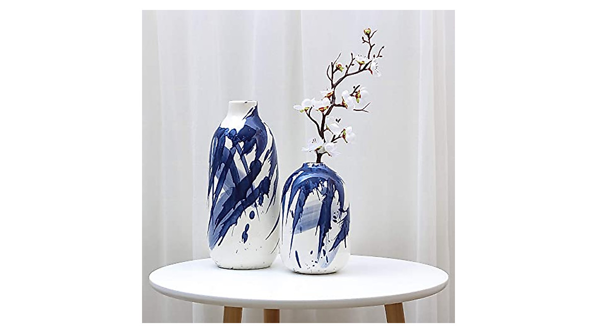 Modern Ceramic Vase Set - Navy Blue & White Decorative Vases