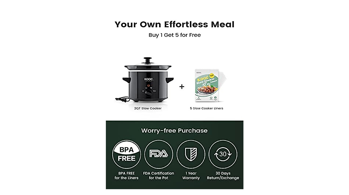 KOOC 2-Quart Slow Cooker with Free Liners - Easy & Healthy Cooking