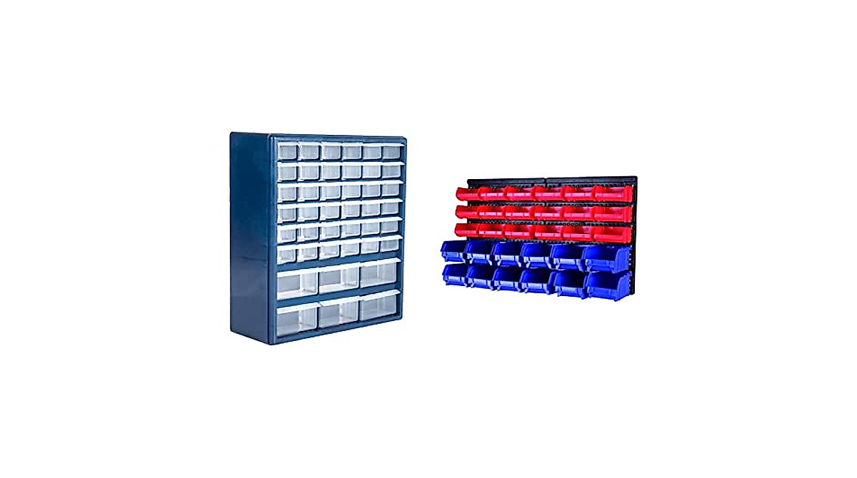 42-Compartment Storage Drawers & Wall Mount Parts Rack for Organization