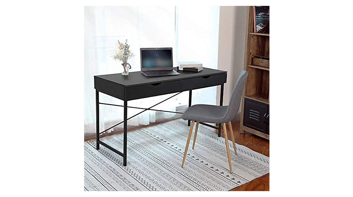 Sturdy Modern Computer Desk with 2 Drawers - Black Walnut