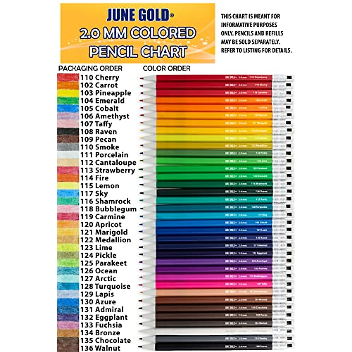 June Gold 36 Colored Mechanical Pencils - Vibrant 2.0mm Set