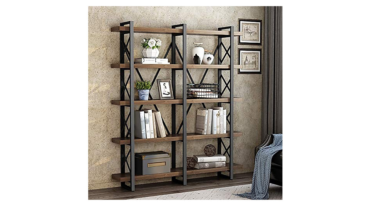 LITTLE TREE 5-Tier Double Wide Open Bookcase - Vintage Solid Wood Storage