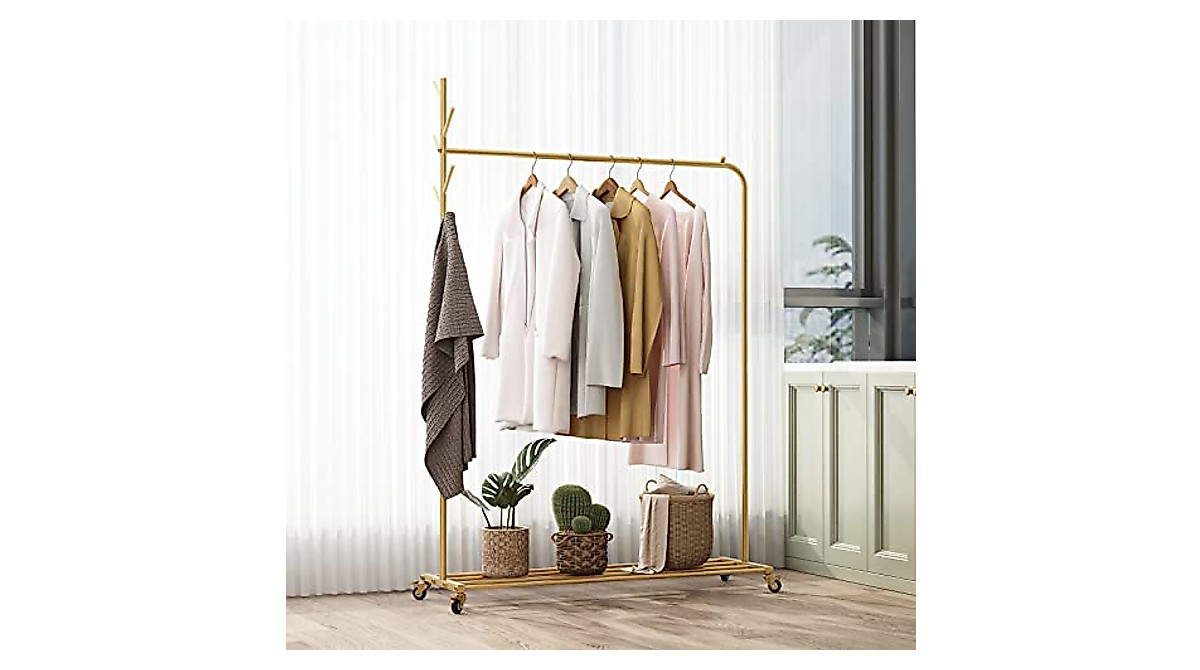 Gold Clothes Rack with Shelf - Heavy Duty Rolling Garment Rack
