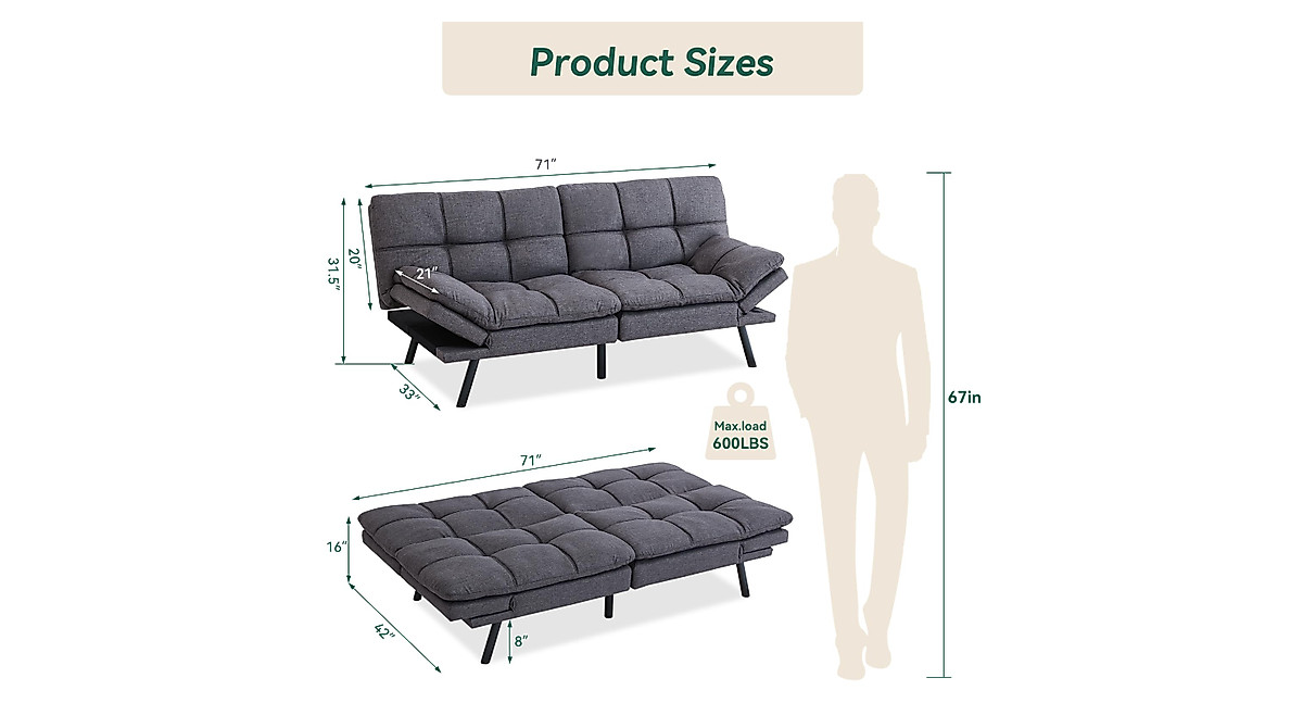 Hcore Futon Sofa Bed: Convertible Memory Foam for Small Spaces