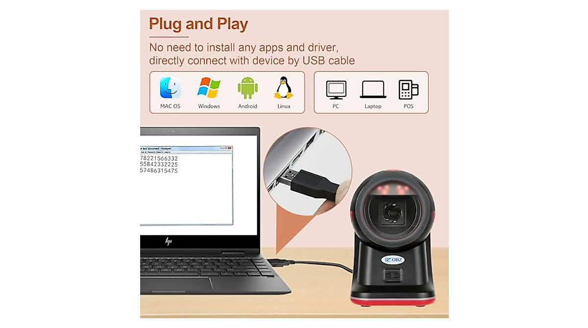 OBZ Handsfree Desktop Barcode Scanner Omnidirectional For 1D 2D QR