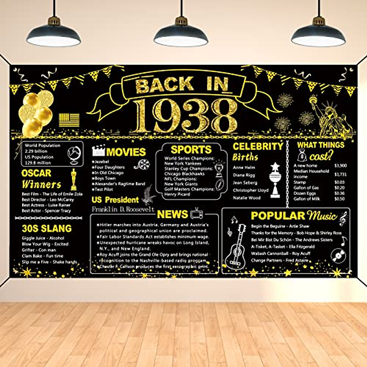 85th Birthday Back in 1938 Banner | Black Gold Party Decor