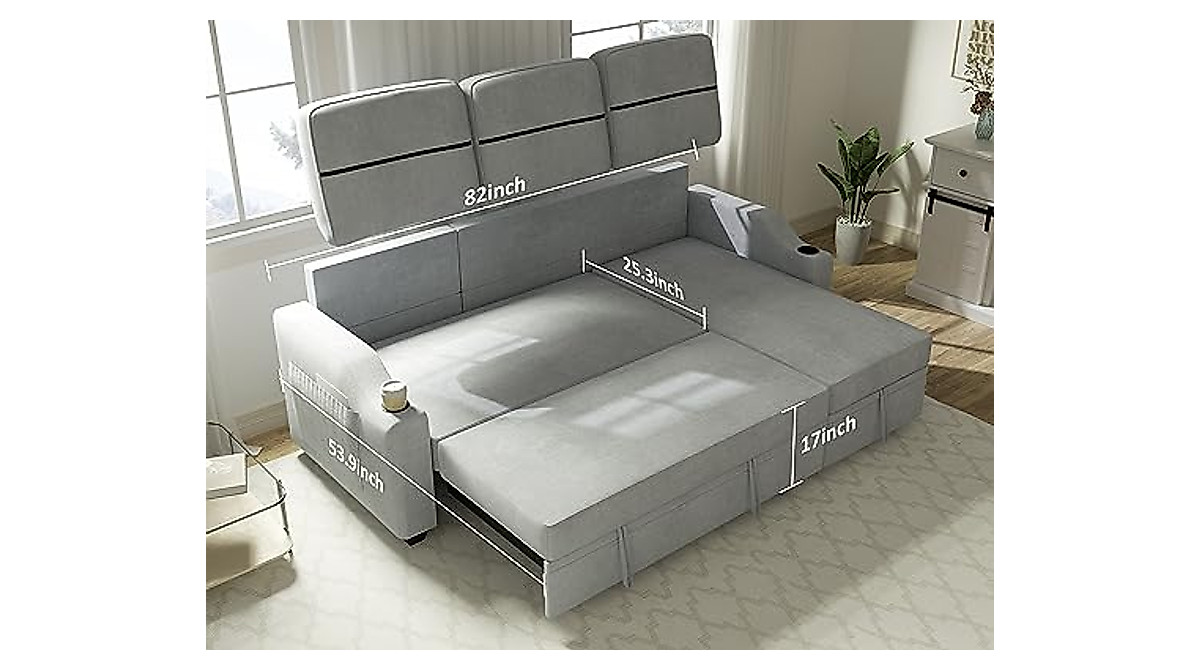 Ucloveria Reversible Sectional Sofa Bed with Storage - Grey 82" Couch