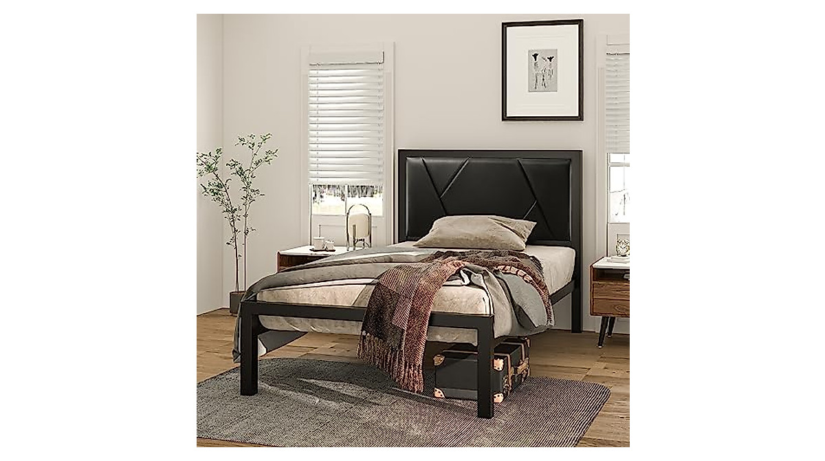 MUTICOR Twin Bed Frame with Geometric Leather Headboard