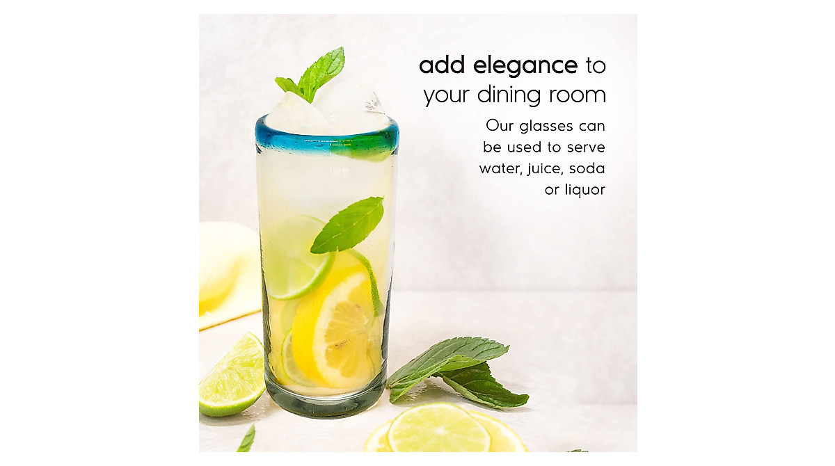 MexHandcraft Aqua Blue Rim Iced Tea Glasses - Set of 6