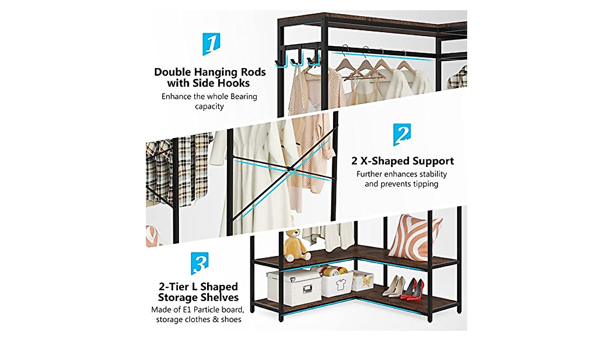 Sturdy L Shaped Garment Rack with Shelves & Hooks